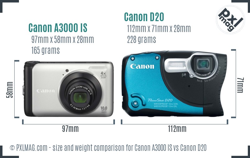 Canon A3000 IS vs Canon D20 size comparison Canon A3000 IS vs Canon D20 size comparison