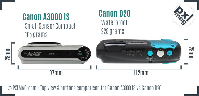 Canon A3000 IS vs Canon D20 top view buttons comparison