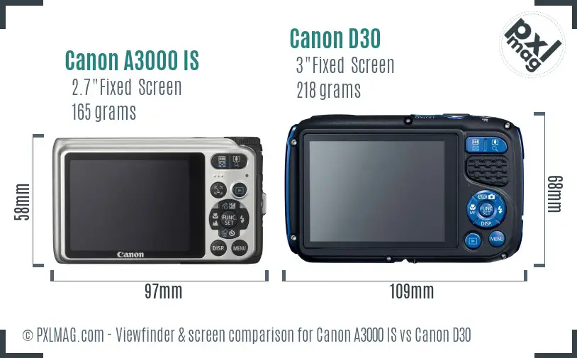 Canon A3000 IS vs Canon D30 Screen and Viewfinder comparison