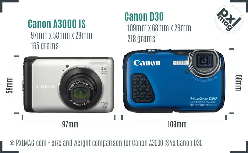 Canon A3000 IS vs Canon D30 size comparison