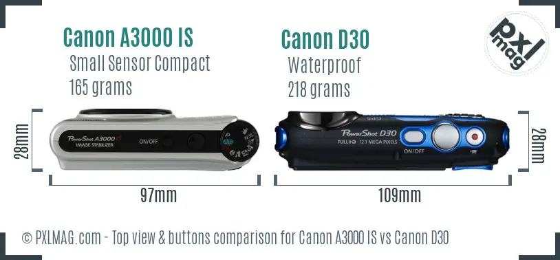 Canon A3000 IS vs Canon D30 top view buttons comparison