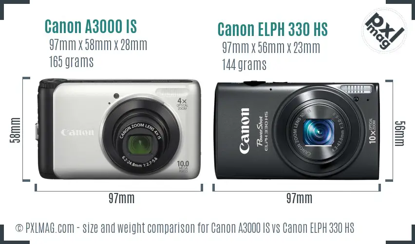 Canon A3000 IS vs Canon ELPH 330 HS size comparison