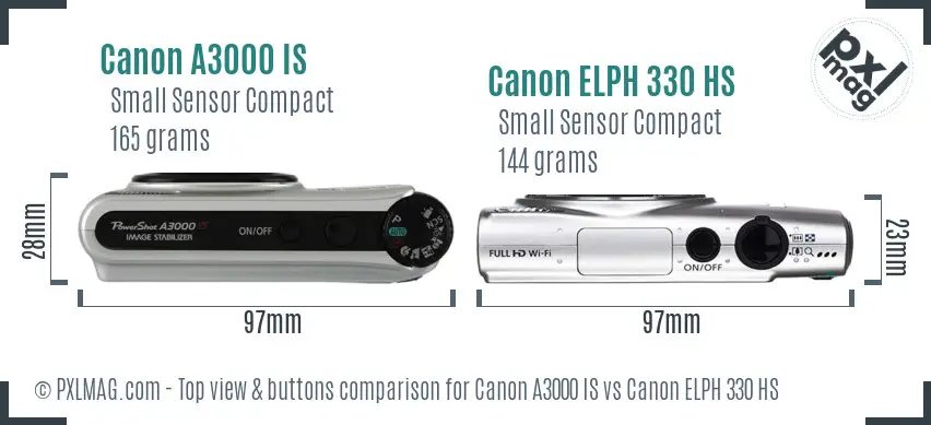 Canon A3000 IS vs Canon ELPH 330 HS top view buttons comparison