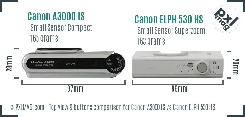 Canon A3000 IS vs Canon ELPH 530 HS top view buttons comparison Canon A3000 IS vs Canon ELPH 530 HS top view buttons comparison
