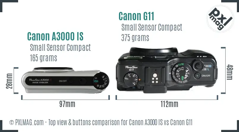 Canon A3000 IS vs Canon G11 top view buttons comparison