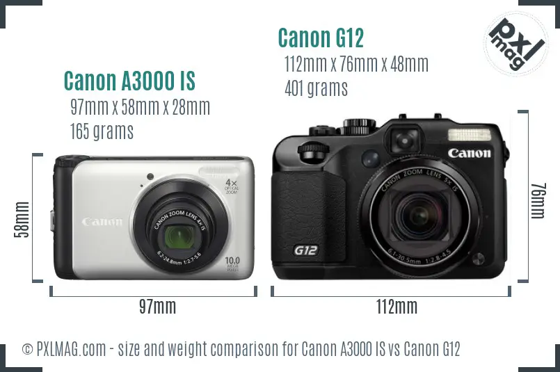 Canon A3000 IS vs Canon G12 size comparison
