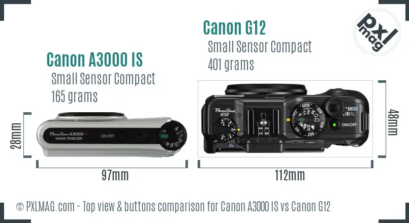 Canon A3000 IS vs Canon G12 top view buttons comparison