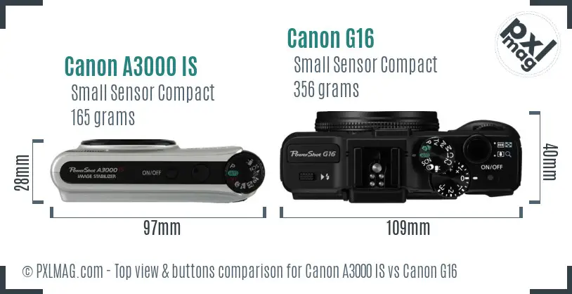 Canon A3000 IS vs Canon G16 top view buttons comparison