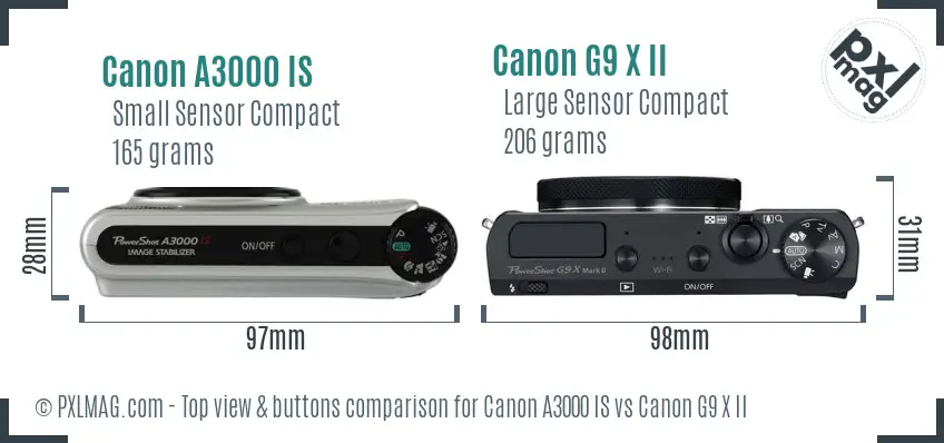 Canon A3000 IS vs Canon G9 X II top view buttons comparison Canon A3000 IS vs Canon G9 X II top view buttons comparison