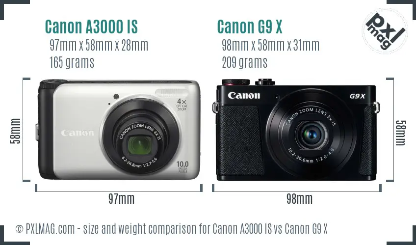 Canon A3000 IS vs Canon G9 X size comparison