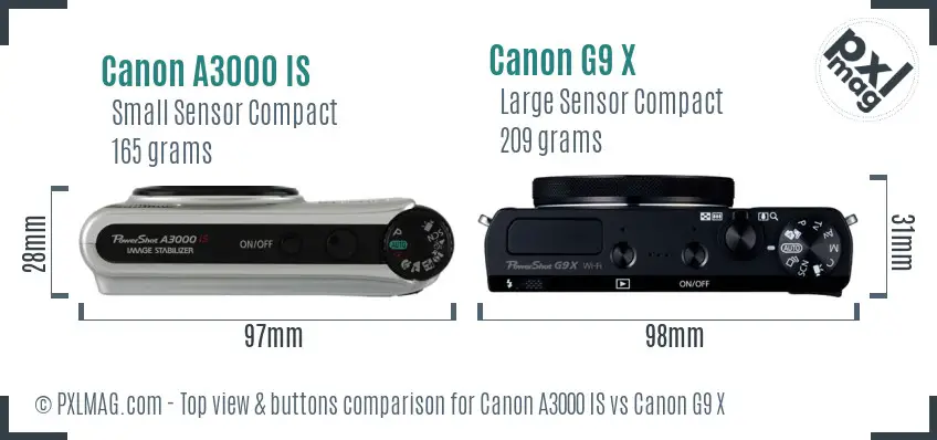 Canon A3000 IS vs Canon G9 X top view buttons comparison