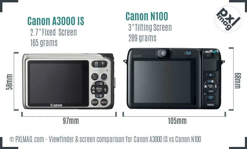 Canon A3000 IS vs Canon N100 Screen and Viewfinder comparison