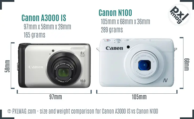 Canon A3000 IS vs Canon N100 size comparison