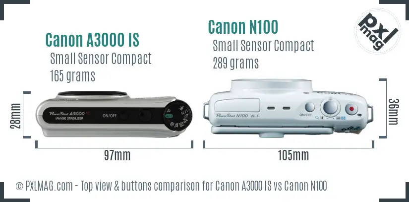 Canon A3000 IS vs Canon N100 top view buttons comparison