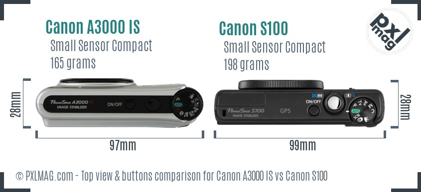 Canon A3000 IS vs Canon S100 top view buttons comparison