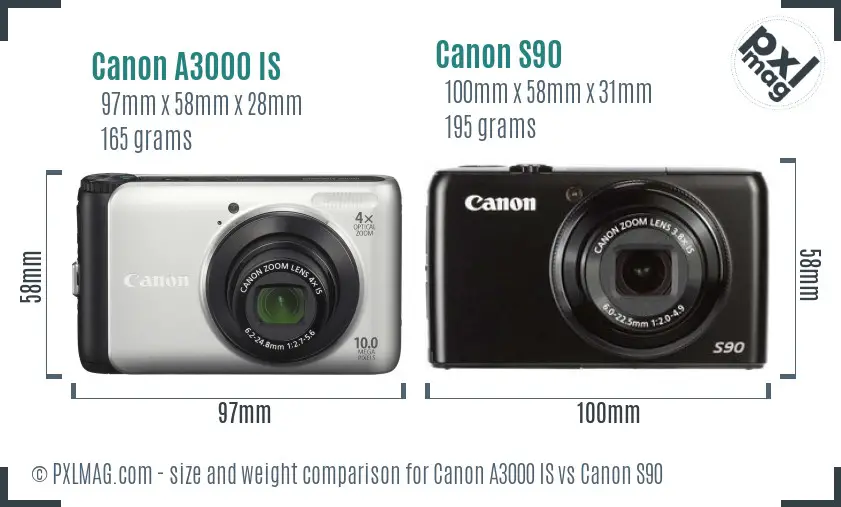 Canon A3000 IS vs Canon S90 size comparison