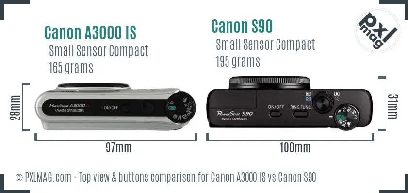Canon A3000 IS vs Canon S90 top view buttons comparison