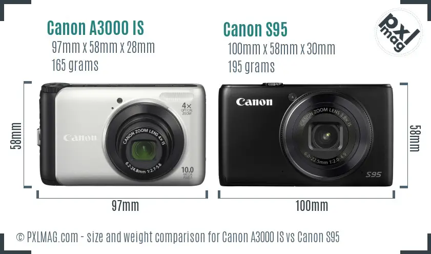 Canon A3000 IS vs Canon S95 size comparison