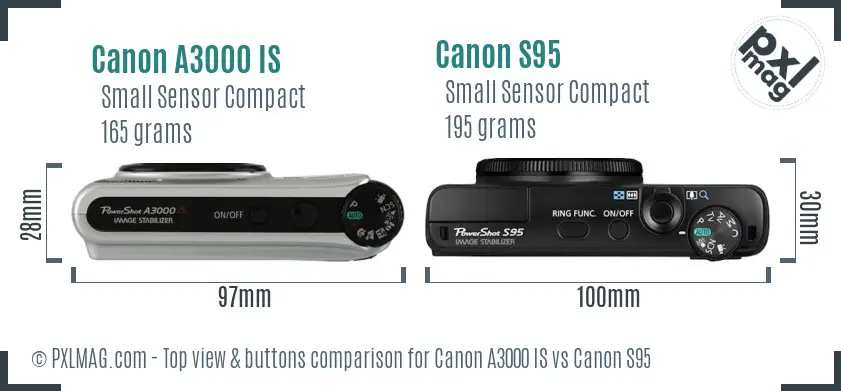 Canon A3000 IS vs Canon S95 top view buttons comparison