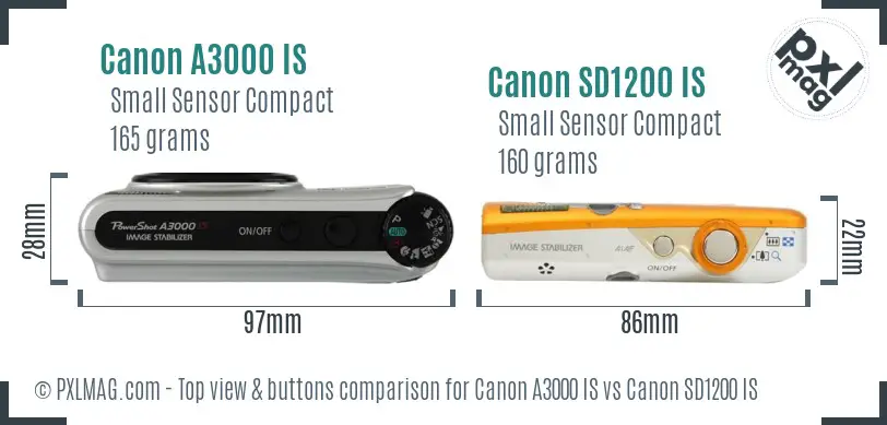 Canon A3000 IS vs Canon SD1200 IS top view buttons comparison