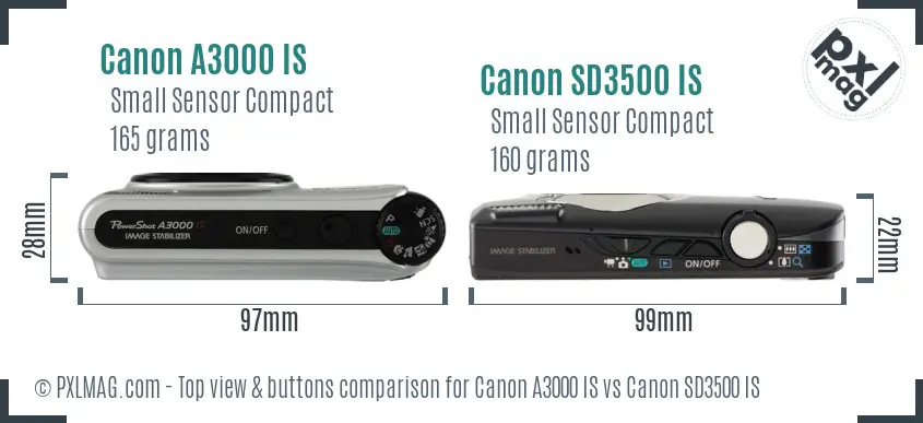 Canon A3000 IS vs Canon SD3500 IS top view buttons comparison