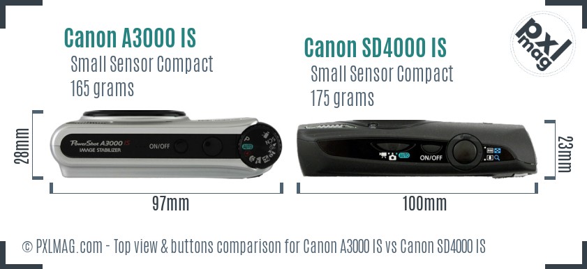 Canon A3000 IS vs Canon SD4000 IS top view buttons comparison