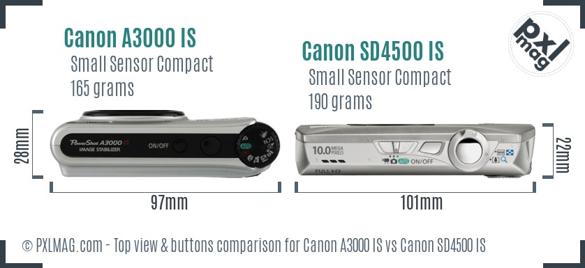 Canon A3000 IS vs Canon SD4500 IS top view buttons comparison