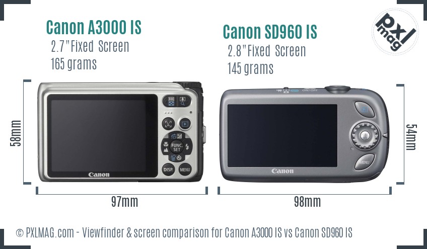 Canon A3000 IS vs Canon SD960 IS Screen and Viewfinder comparison
