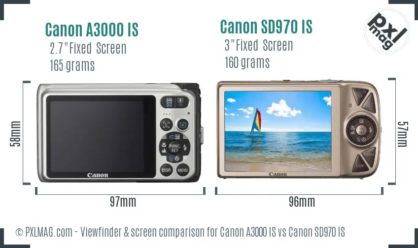 Canon A3000 IS vs Canon SD970 IS Screen and Viewfinder comparison