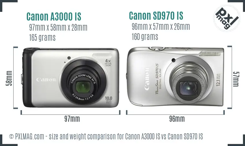 Canon A3000 IS vs Canon SD970 IS size comparison