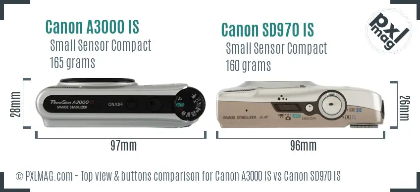 Canon A3000 IS vs Canon SD970 IS top view buttons comparison