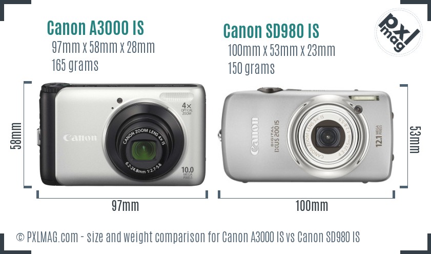 Canon A3000 IS vs Canon SD980 IS size comparison