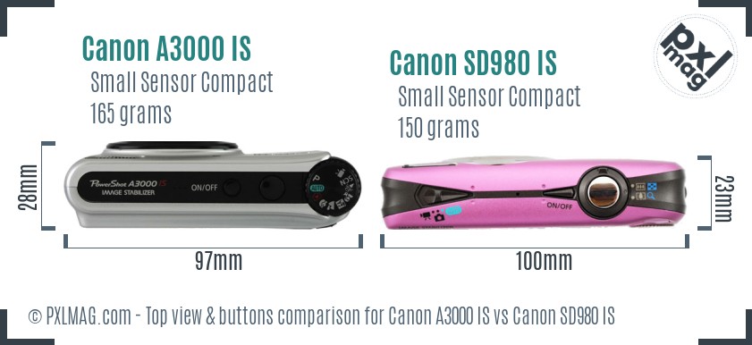 Canon A3000 IS vs Canon SD980 IS top view buttons comparison