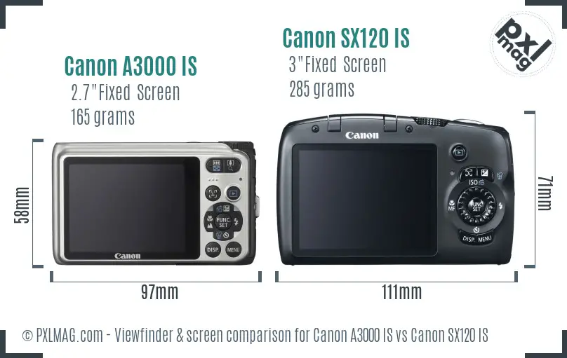 Canon A3000 IS vs Canon SX120 IS Screen and Viewfinder comparison