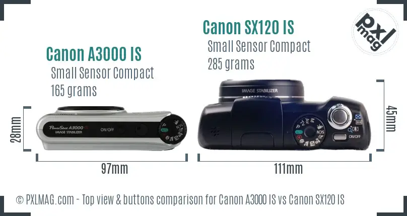 Canon A3000 IS vs Canon SX120 IS top view buttons comparison