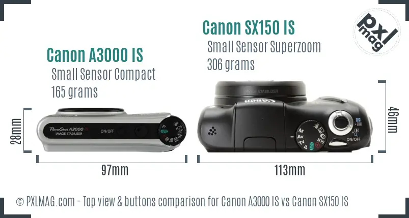 Canon A3000 IS vs Canon SX150 IS top view buttons comparison