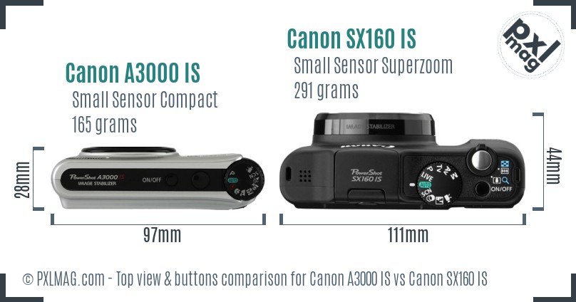 Canon A3000 IS vs Canon SX160 IS top view buttons comparison