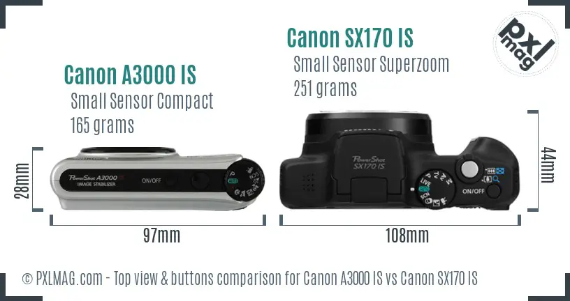 Canon A3000 IS vs Canon SX170 IS top view buttons comparison