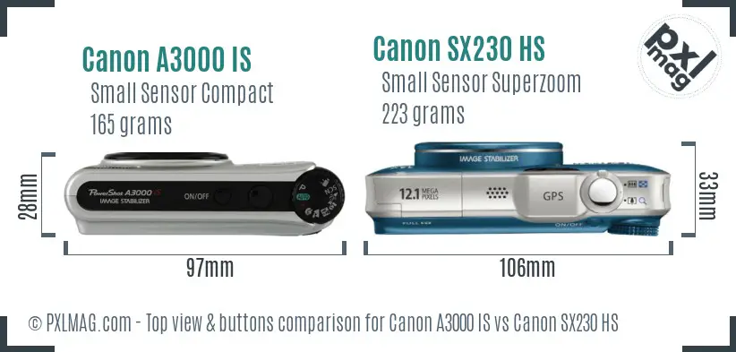 Canon A3000 IS vs Canon SX230 HS top view buttons comparison