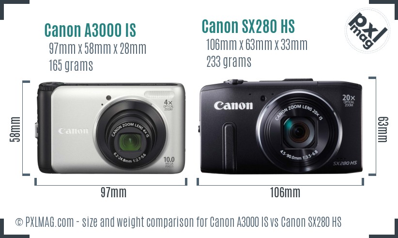Canon A3000 IS vs Canon SX280 HS size comparison