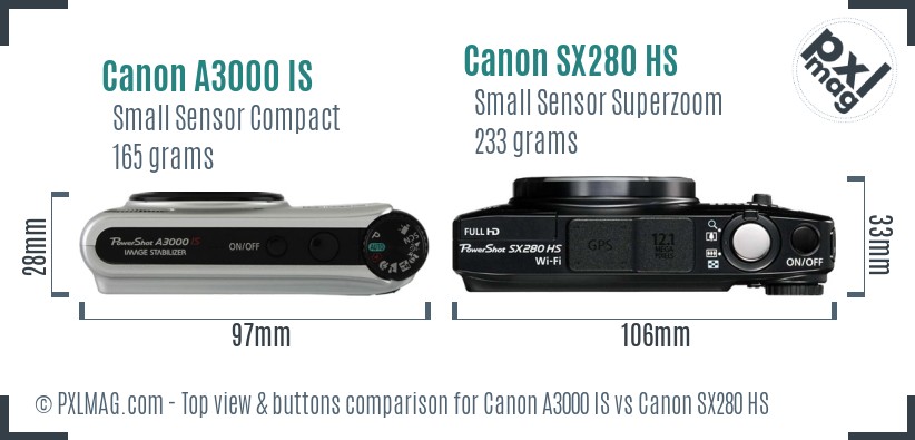 Canon A3000 IS vs Canon SX280 HS top view buttons comparison