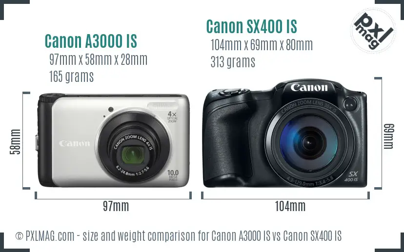 Canon A3000 IS vs Canon SX400 IS size comparison