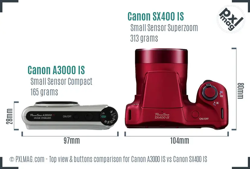 Canon A3000 IS vs Canon SX400 IS top view buttons comparison