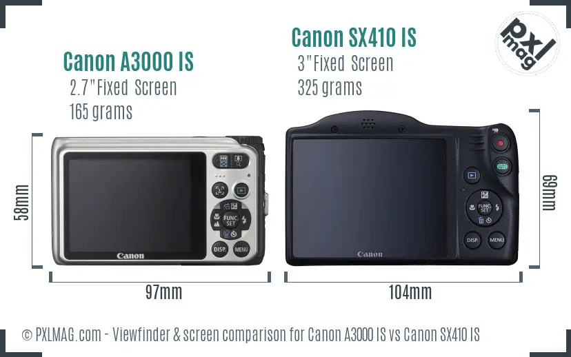 Canon A3000 IS vs Canon SX410 IS Screen and Viewfinder comparison