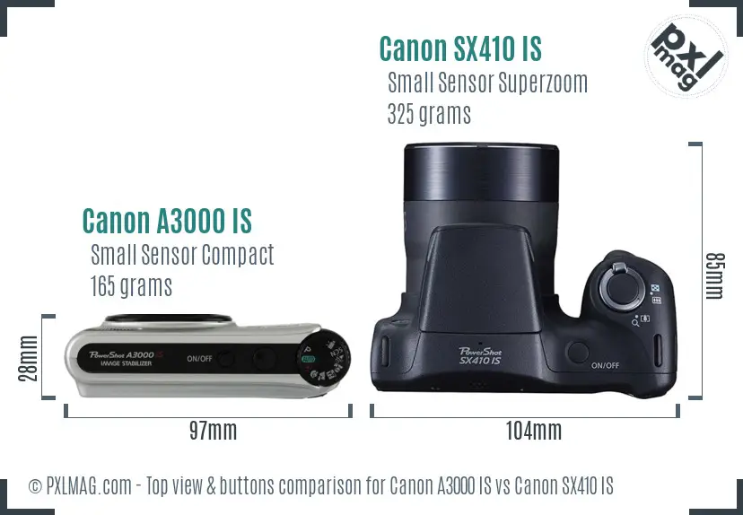 Canon A3000 IS vs Canon SX410 IS top view buttons comparison