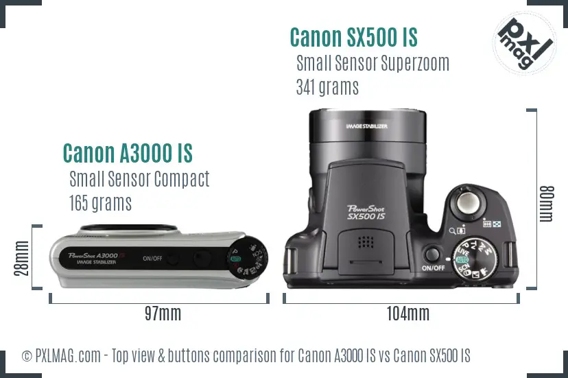 Canon A3000 IS vs Canon SX500 IS top view buttons comparison