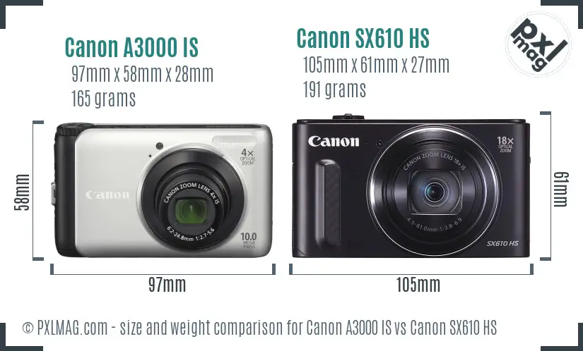 Canon A3000 IS vs Canon SX610 HS size comparison