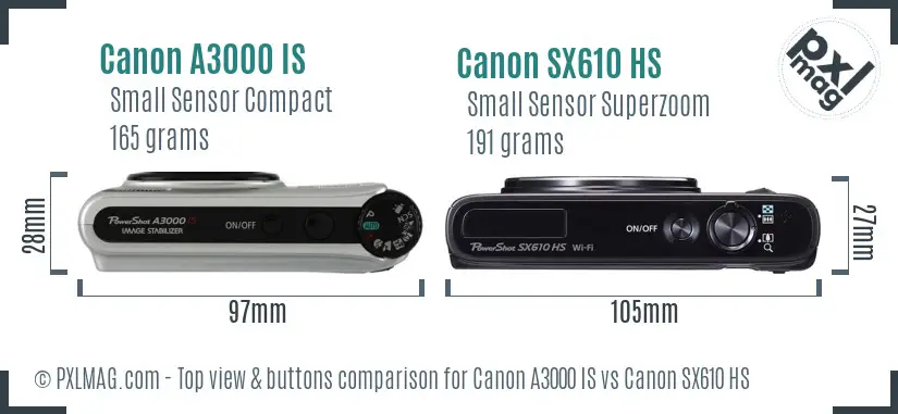 Canon A3000 IS vs Canon SX610 HS top view buttons comparison