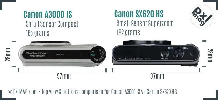 Canon A3000 IS vs Canon SX620 HS top view buttons comparison Canon A3000 IS vs Canon SX620 HS top view buttons comparison