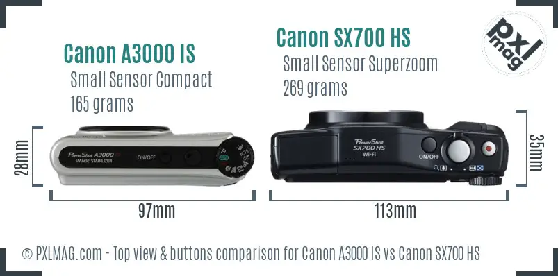 Canon A3000 IS vs Canon SX700 HS top view buttons comparison